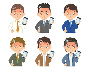 怒った赤い顔でスマホを持つ男性　セット　イラスト