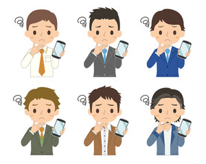 悩み顔でスマホを持つ男性　イラスト