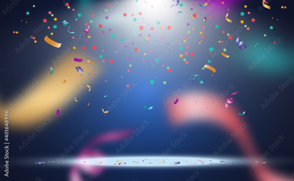 Poster Lots of colorful tiny confetti and ribbons on transparent background. Festive event and party. Multicolor background.Colorful bright confetti isolated on transparent background