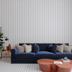 modern living room interior with blue sofa and plant, 3d render