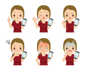 スマホを持つ女性　セット　イラスト