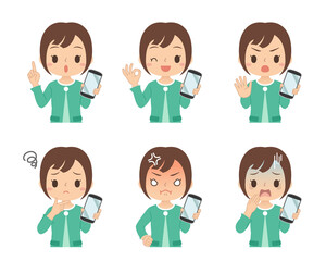 スマホを持つ女性　セット　イラスト