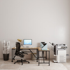 interior of a office with study table in front of the white wall, 3d render