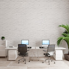 office interior with chairs, desks  and green plant, 3d render