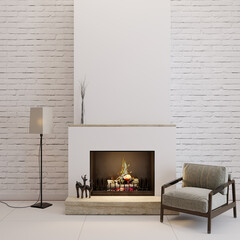 living room with fireplace and armchair, 3d render