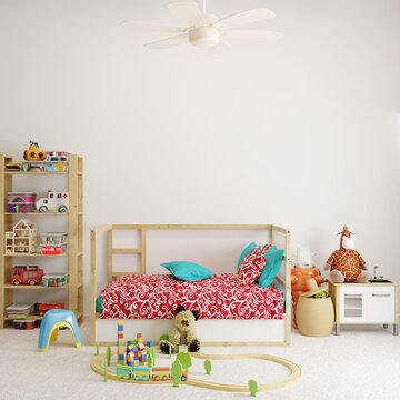 baby bedroom with toys in front of the white wall, 3d render