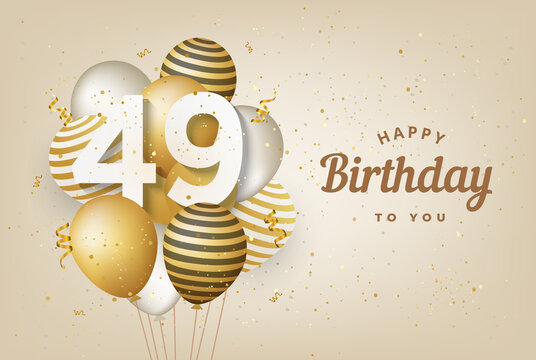 Happy 49th birthday with gold balloons greeting card background. 49 years anniversary. 49th celebrating with confetti. Vector stock