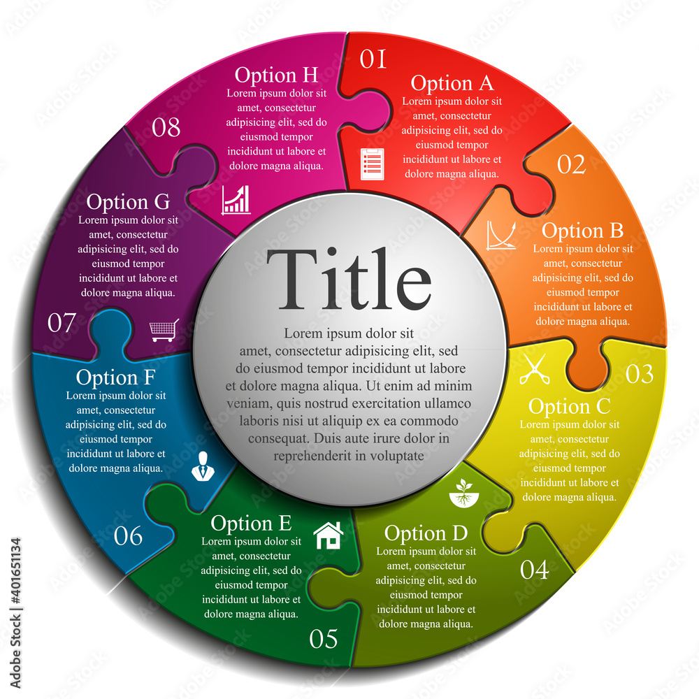 Fototapete eight sided 3d puzzle presentation infographic template with explanatory text field for business sta