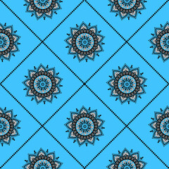 Seamless pattern. Vintage decorative elements. Oriental pattern, vector illustration. Islam, Arabic, Indian, Turkish, Pakistan, Chinese, Moroccan, Ottoman motifs, blue, black and white colours pattern