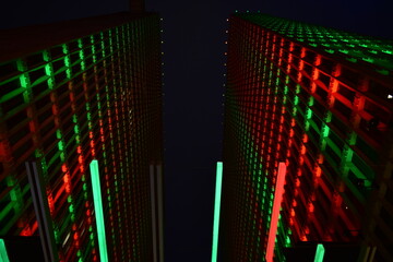 Skyscrapers illuminated with Christmas lights during the Holiday Season in December 