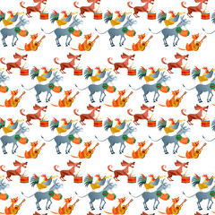 Animals play various musical instruments. A rooster with a pipe, a dog with a drum, a cat with a guitar, a donkey with an accordion. 
Seamless background pattern. Vector illustration