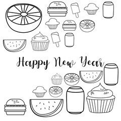 decorative food and beverage doodle vector illustration, Happy new year greeting doodle