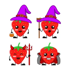 Fotobehang vector illustration of cute strawberry fruit halloween theme bundle set. cute strawberry fruit Concept White Isolated. Flat Cartoon Style Suitable for Landing Page, Banner, flyer, Sticker. © Tokaili