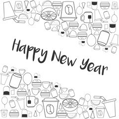 Decorative new year greeting doodle vector illustration, food and beverage doodle vector design