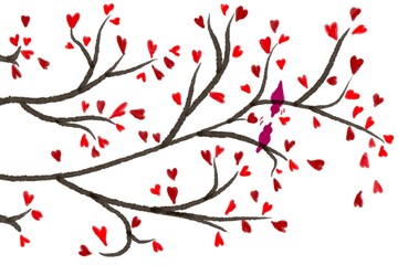 Flat Art. Tree twigs with love hearts. Couple birds love. Illustration valentine's day. Abstract background. On isolated white background.