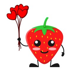 vector illustration of cute strawberry fruit valentine or character holding love balloon. cute strawberry fruit Concept White Isolated. Flat Cartoon Style Suitable for Landing Page, Banner, Sticker.