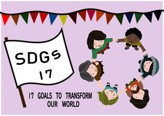 SDGsの項目17「パートナーシップで目標を達成しよう」をわかりやすくイメージした、国籍・年齢・性別が異なる人たちが手を繋いで輪になっているポスター風手描きイラスト