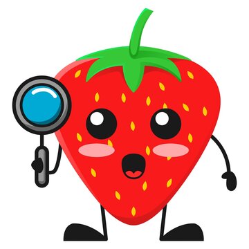 vector illustration of cute strawberry fruit or character holding magnifying glass. cute strawberry fruit Concept White Isolated. Flat Cartoon Style Suitable for Landing Page, Banner, Flyer, Sticker.
