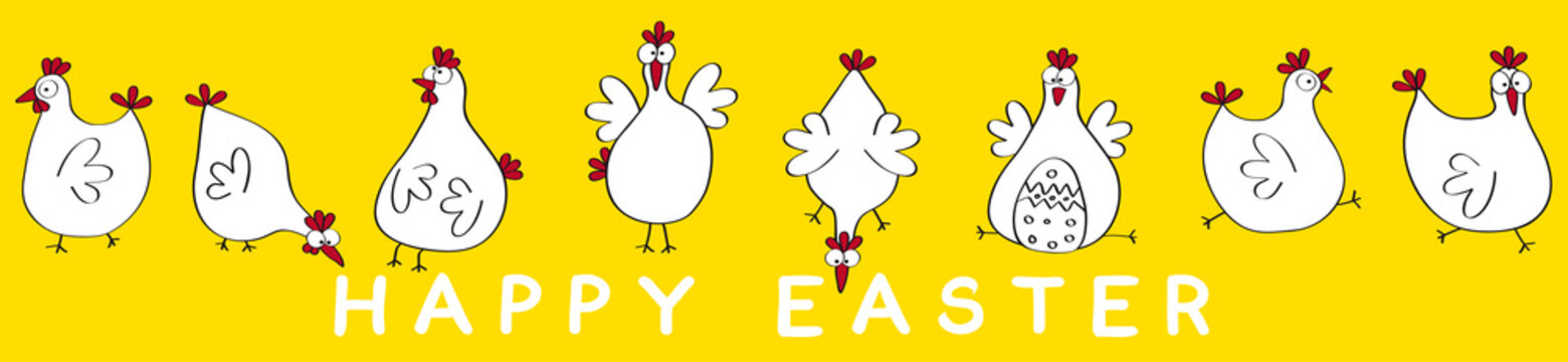 Happy Easter banner with funny chickens, cartoon, vector, illustration
