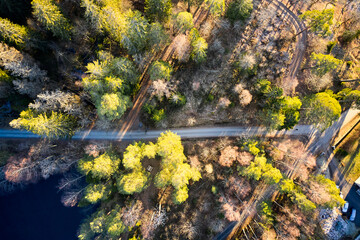 Drone photo shot from the sky. Countryside just outside of Oslo, Norway. Fields and wood mixed together. 