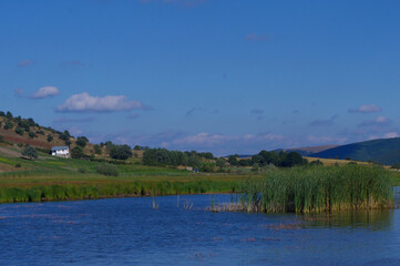 View of the hill, reeds and lake.