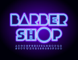 Vector creative logo Barber Shop. Abstract Neon Font. Glowing bright Alphabet Letters and Numbers set
