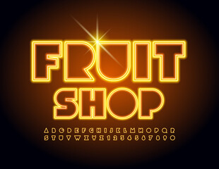Vector creative sign Fruit Shop. Illuminated Led Font. Yellow Neon Alphabet Letters and Numbers set