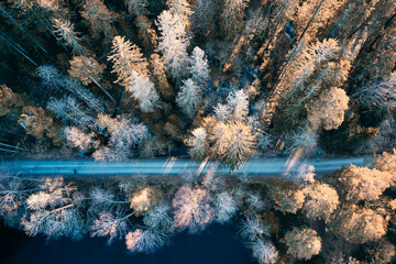 Drone photo shot from the sky. Countryside just outside of Oslo, Norway. Fields and wood mixed...