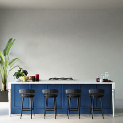interior of a kitchen with blue kitchen cabinet and other decors in front of the white wall, 3d render