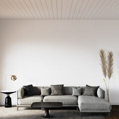 modern living room with sofa and other decors in front of the white wall, 3d render