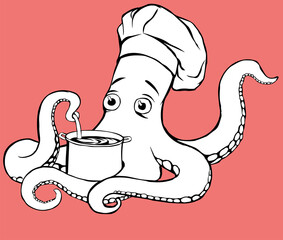 Octopus in a chef's hat with a pan and ladle in its tentacles. Black and white vector illustration.