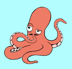Vector illustration of thoughtful, puzzled red octopus with mustaches.