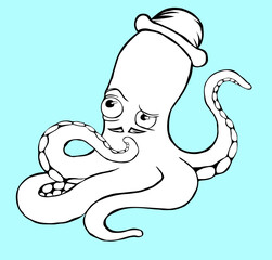 Black and white illustration of thoughtful, puzzled octopus in a bowler hat.
