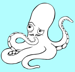 Black and white illustration of thoughtful, puzzled octopus with mustaches.