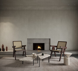Interior of a room with a fireplace and chairs, 3d render, wall mockup