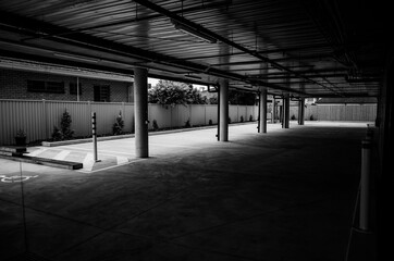 Black and white empty parking lot