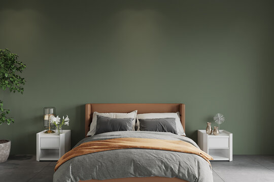 bedroom with bed in front of the green wall, 3d render