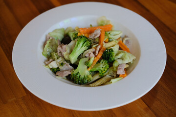 vegetable, broccoli, carrot, baby corn and mushroom stir fried with pork