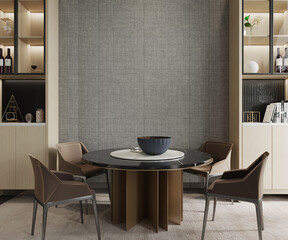 modern living room with dining table and cabinet, 3d render