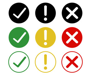 Set of flat round check mark, exclamation point X mark icons on a white background.Vector.