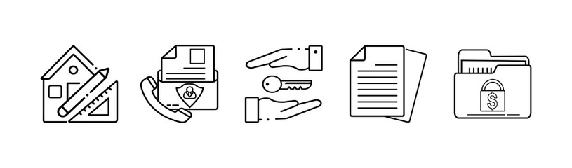 property simple concept icons set. Contains such icons as property type, amenities lease contract  documents and more.Line with editable stroke