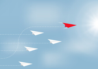 Paper airplanes flying with red airplane changing direction ahead, business competition leadership ambitious successful goal concept vector illustration