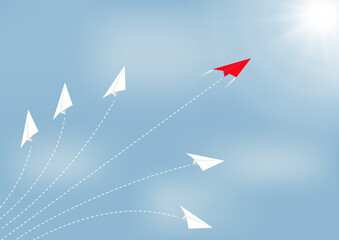 Paper airplane competition with red airplane ahead, business competition leadership ambitious successful goal concept vector illustration