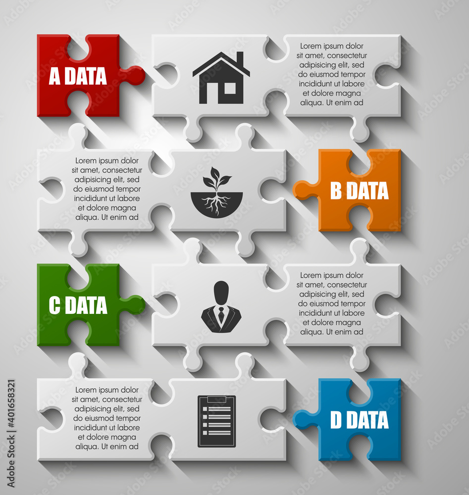 Fototapete four sided 3d puzzle presentation infographic template with explanatory text field for business stat
