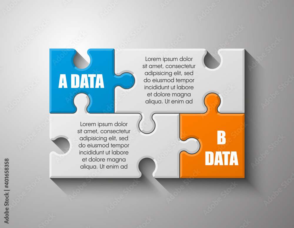 Fototapete two sided 3d puzzle presentation infographic template with explanatory text field for business stati