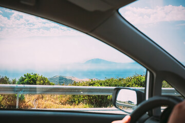 Spain. View Of Gibraltar From Car Window. Travel, Trip, Vacation. First Person View, FPV