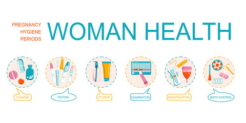 Woman health word vector infographic illustration with icons for gynecology,female treatment,baby planning,tools,pregnancy,menstruation,hygiene.Bubble retro messages for every part of medical business