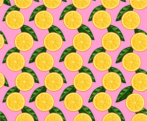 A pattern of oranges. Vector hand drawn illustration with fruit and leaves , wallpaper on background pink for packages