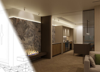 residential interior visualization, 3D illustration