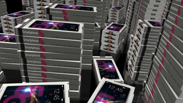 5G Smartphone pack production line. New mobile smart phone packing and delivery. Abstract 3d rendering loopable seamless animation. Communication technology and electronic industry concept.